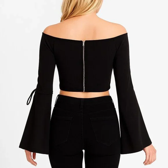 SEEK Women's Black Long Sleeve Split Sleeve Crop Top Size M - Picture 2 of 5